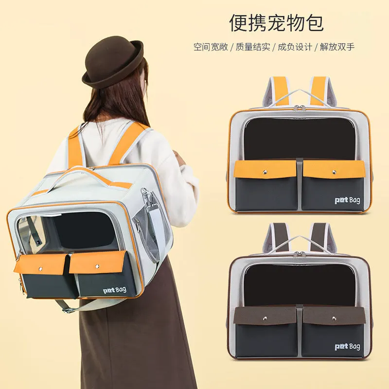Portable outdoor cat backpack in 1061 yellow nylon with breathable foldable design