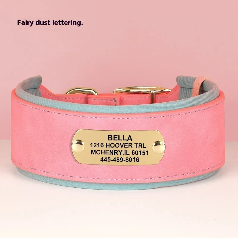 Widened dog collar with anti-lock lettering in Black for medium and large dogs, microfiber leather and diving cloth