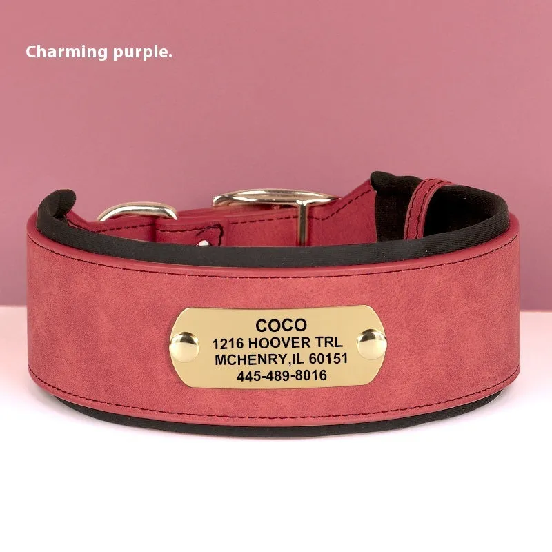 Widened dog collar with anti-lock lettering in Black for medium and large dogs, microfiber leather and diving cloth