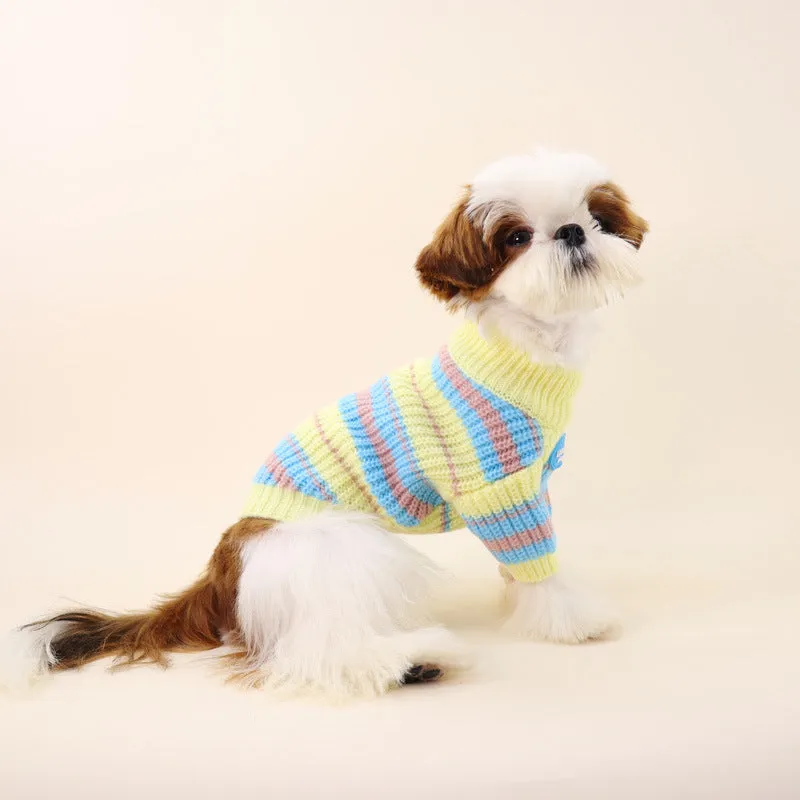 Blue and yellow striped wool dog sweater for small breeds including Jarre Aero Bull and Schnauzer
