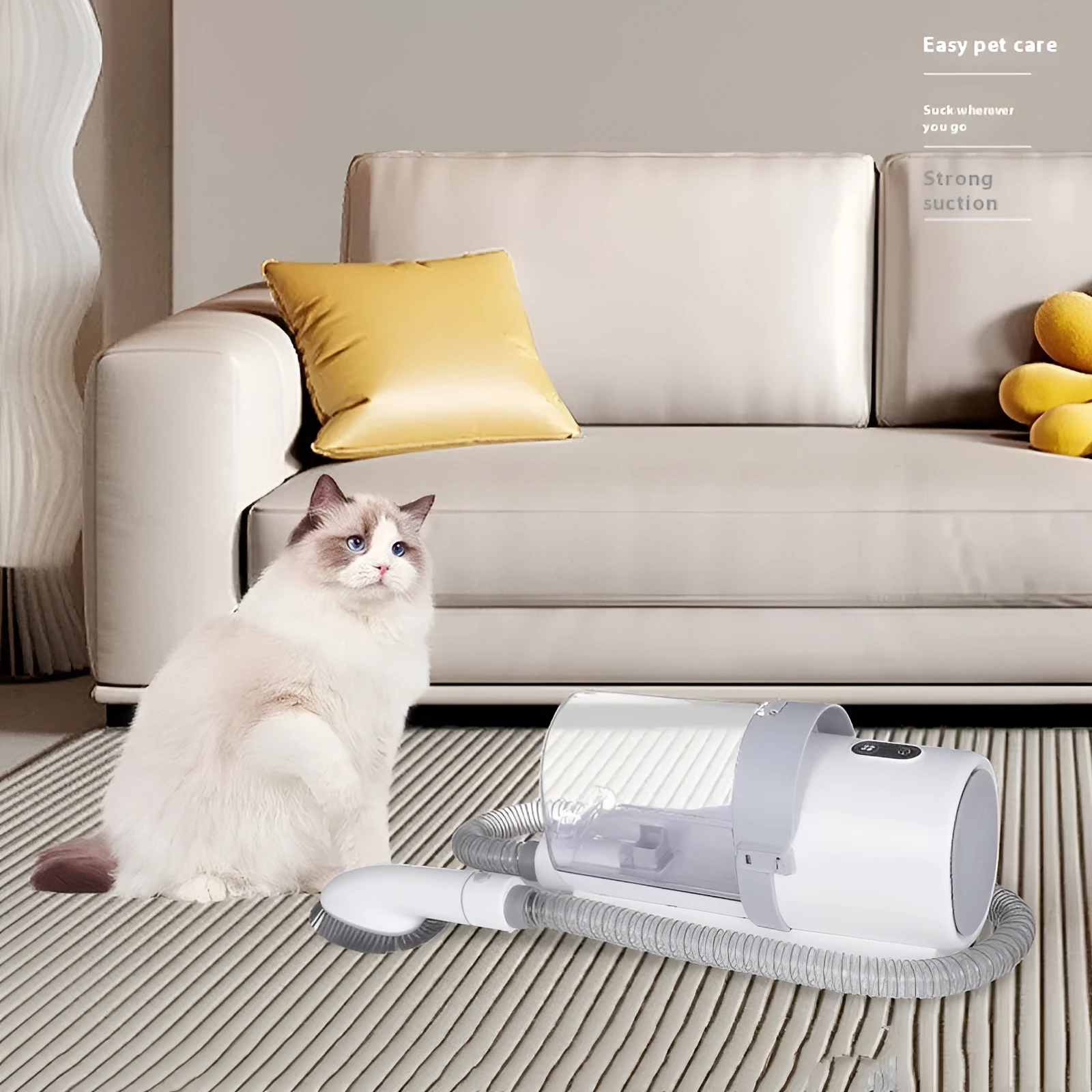 Pet multi-function hair conditioner set with electric clipper, comb, and roller on a surface