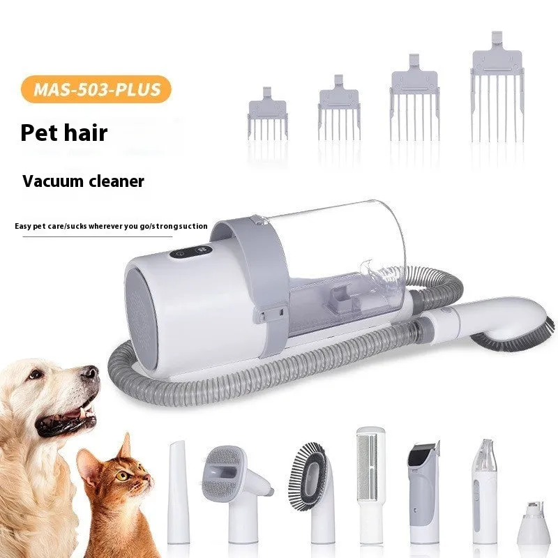 Pet multi-function hair conditioner set with electric clipper, comb, and roller on a surface