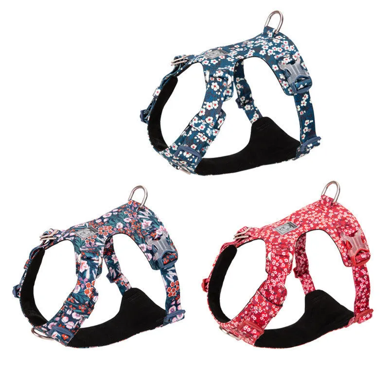 Pure cotton pet harness chest strap in floral pattern with pull-resistant design for dog walking