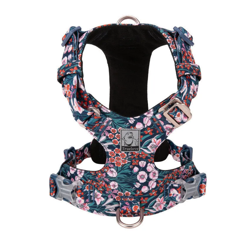 Pure cotton pet harness chest strap in floral pattern with pull-resistant design for dog walking