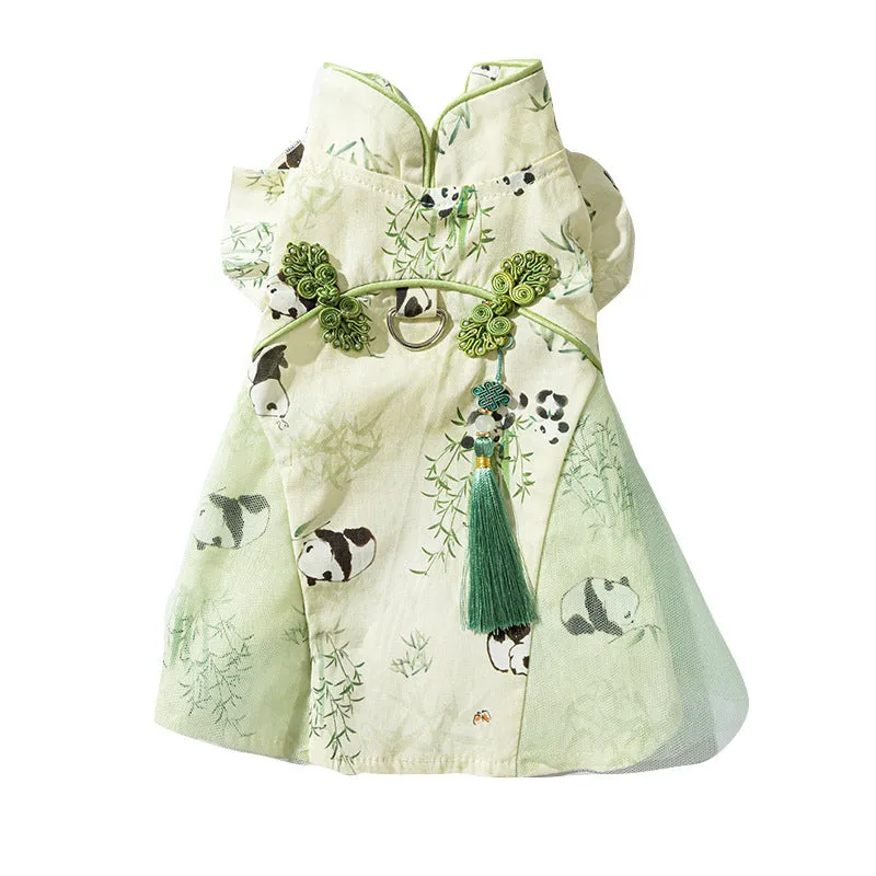 Chinese style panda bamboo leaf woven fabric cat skirt for hairless cats in national style tassel dress option