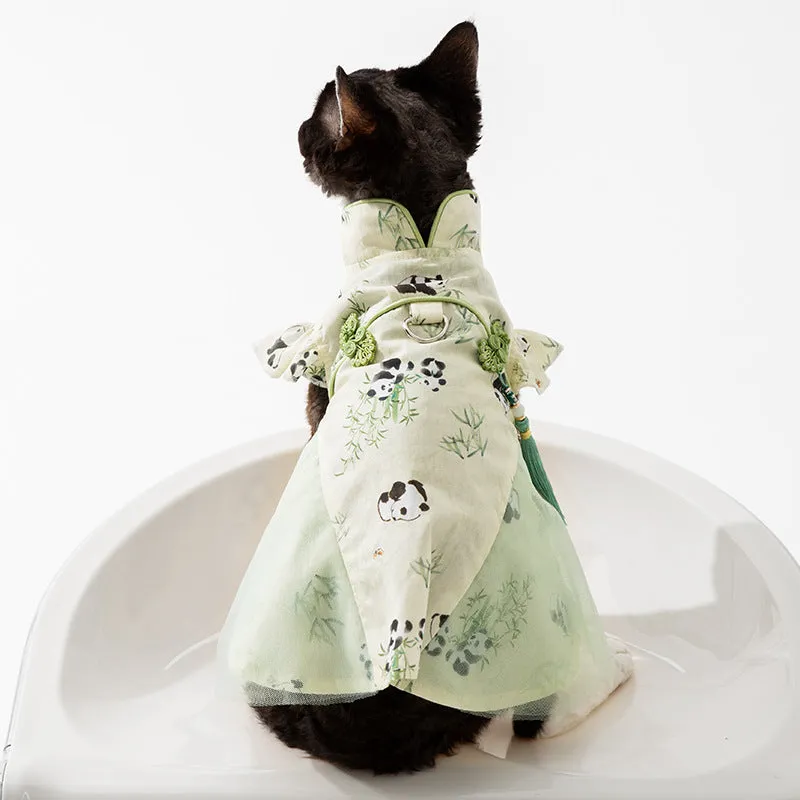 Chinese style panda bamboo leaf woven fabric cat skirt for hairless cats in national style tassel dress option