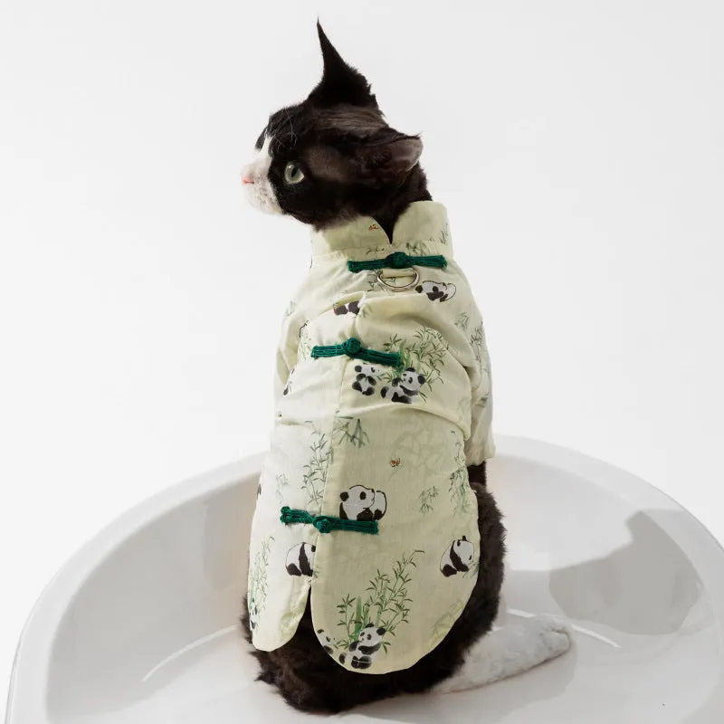 Chinese style panda bamboo leaf woven fabric cat skirt for hairless cats in national style tassel dress option