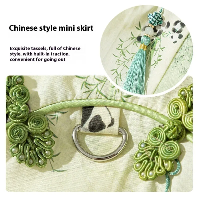 Chinese style panda bamboo leaf woven fabric cat skirt for hairless cats in national style tassel dress option