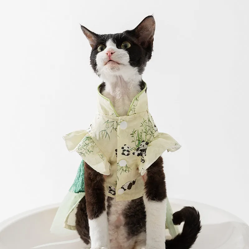 Chinese style panda bamboo leaf woven fabric cat skirt for hairless cats in national style tassel dress option