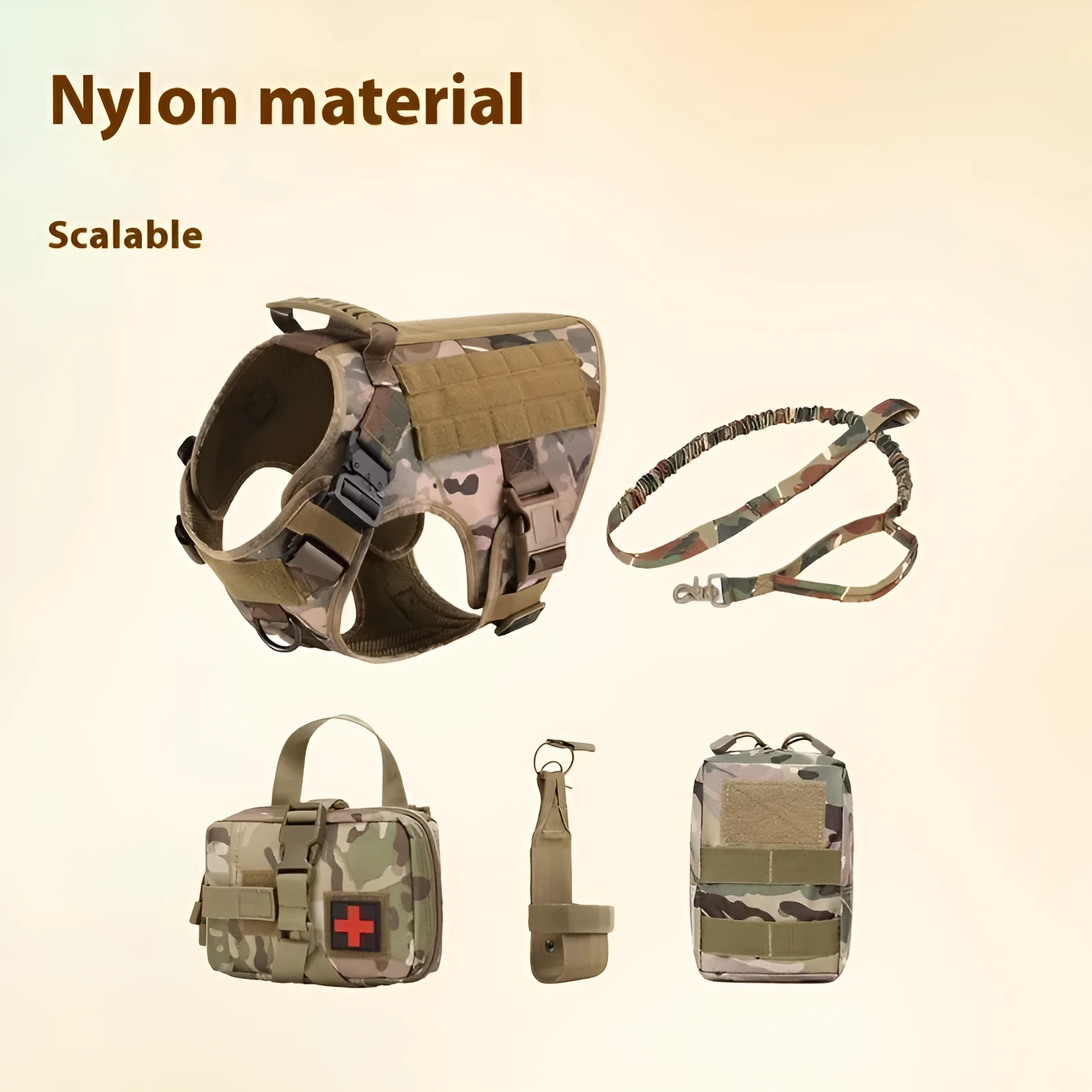 Outdoor Tactics five-piece training dog harness in camouflage style with polyester leash set