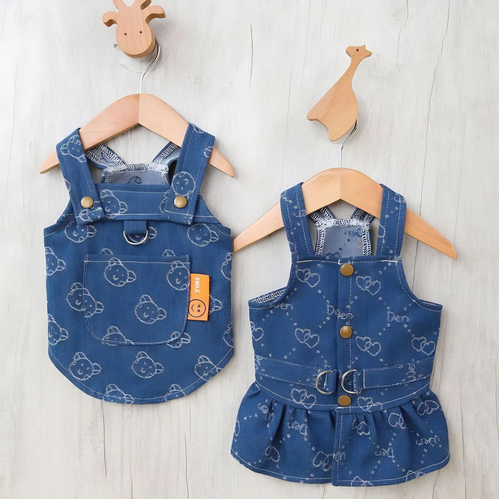Teddy Bichon wearing thin denim princess dress in bracket-skirt style