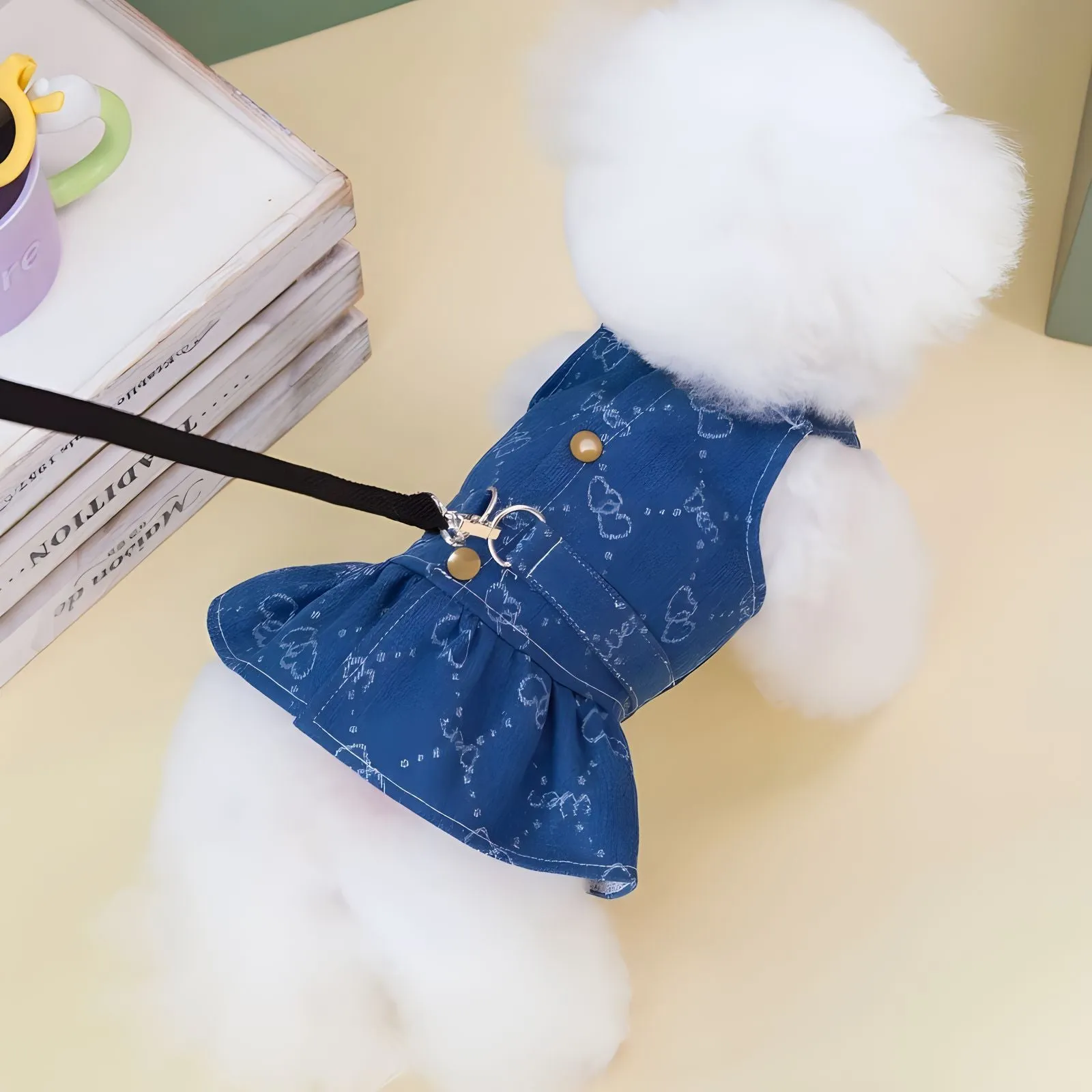 Teddy Bichon wearing thin denim princess dress in bracket-skirt style