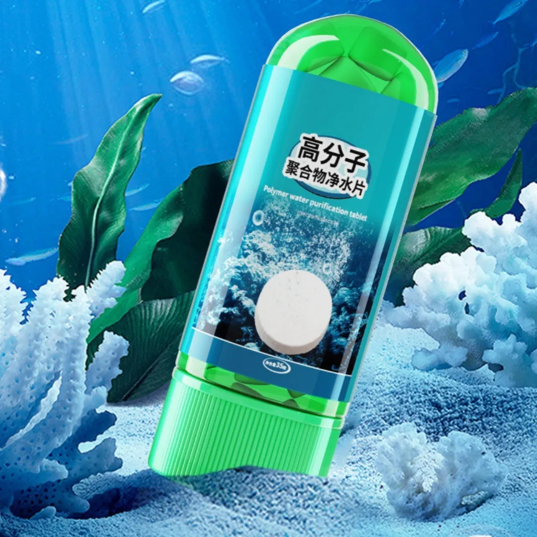 Bottle of 35 polymer water purification tablets for fish tank odour control