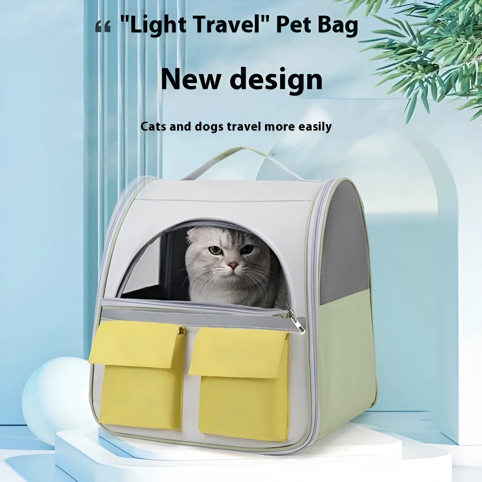 Cat backpack with transparent acrylic front and Oxford cloth body in white and yellow colour scheme