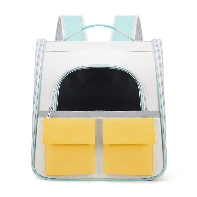 Cat backpack with transparent acrylic front and Oxford cloth body in white and yellow colour scheme