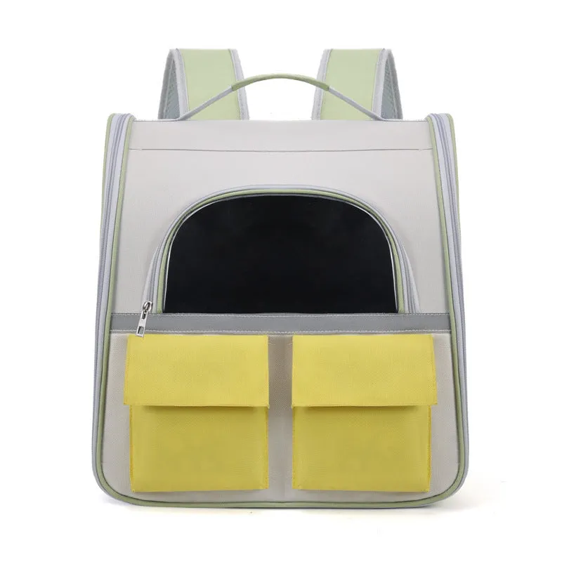 Cat backpack with transparent acrylic front and Oxford cloth body in white and yellow colour scheme