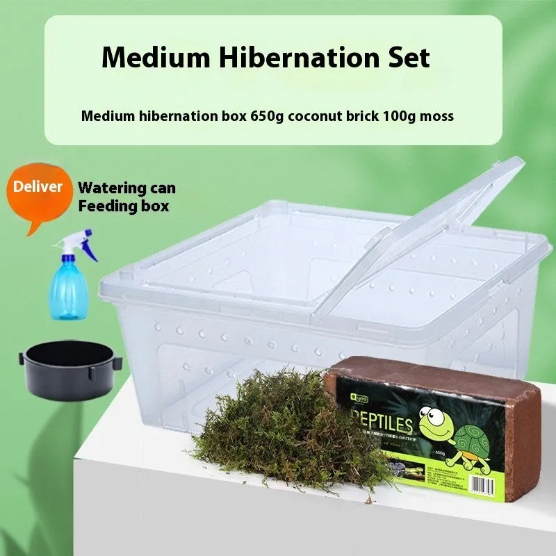 Climbing pet hibernation box set with coconut soil block, moss, and spray bottle