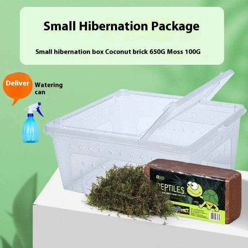 Climbing pet hibernation box set with coconut soil block, moss, and spray bottle