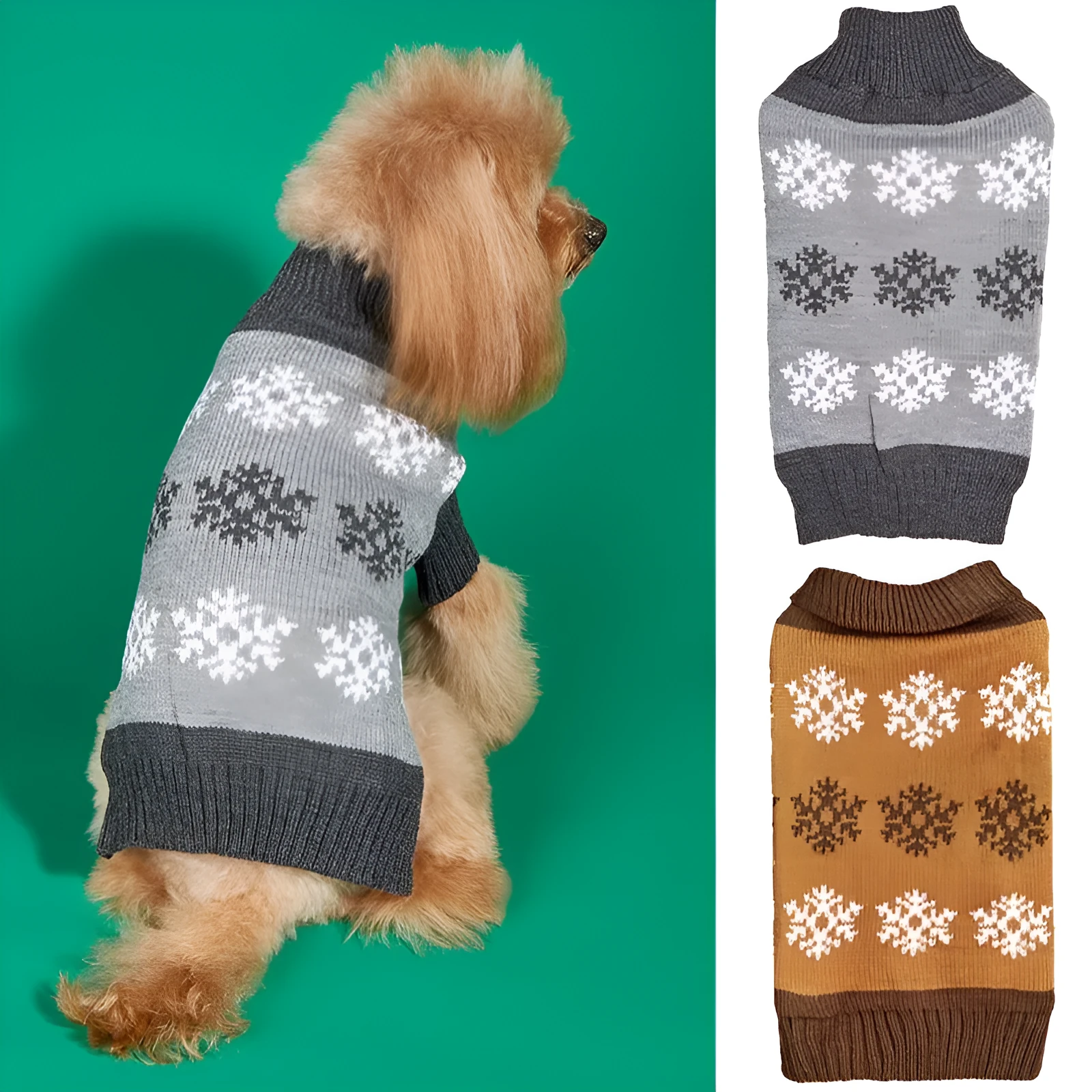 Grey and brown dog Christmas sweater with snowflake pattern, pet clothing for winter