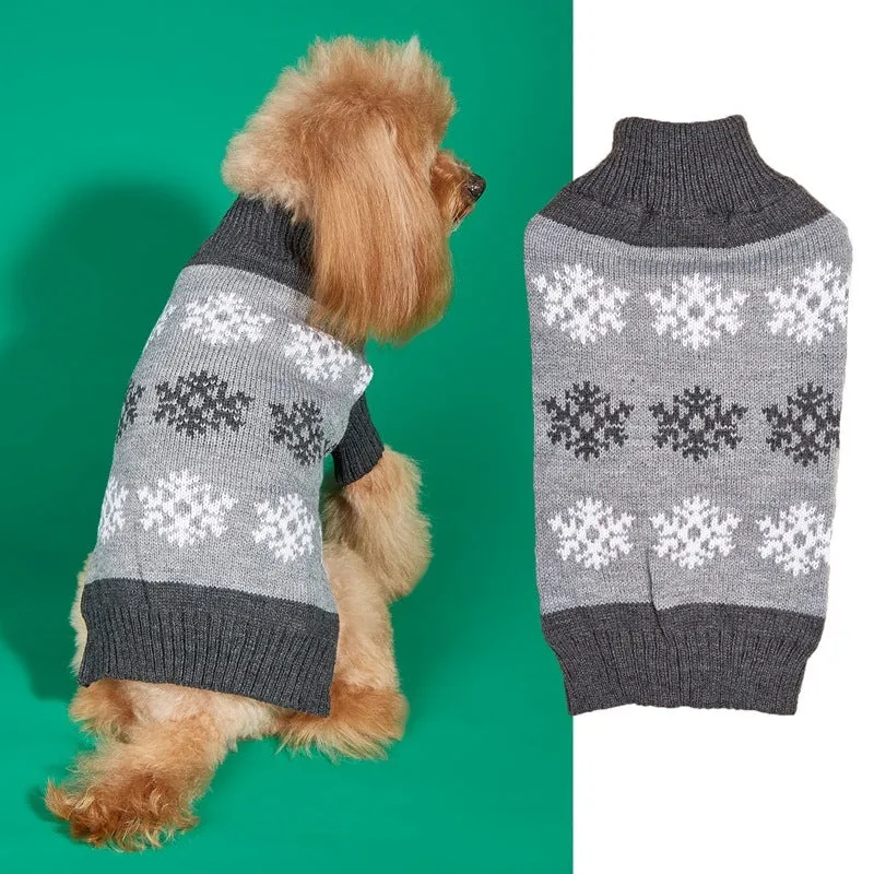 Grey and brown dog Christmas sweater with snowflake pattern, pet clothing for winter