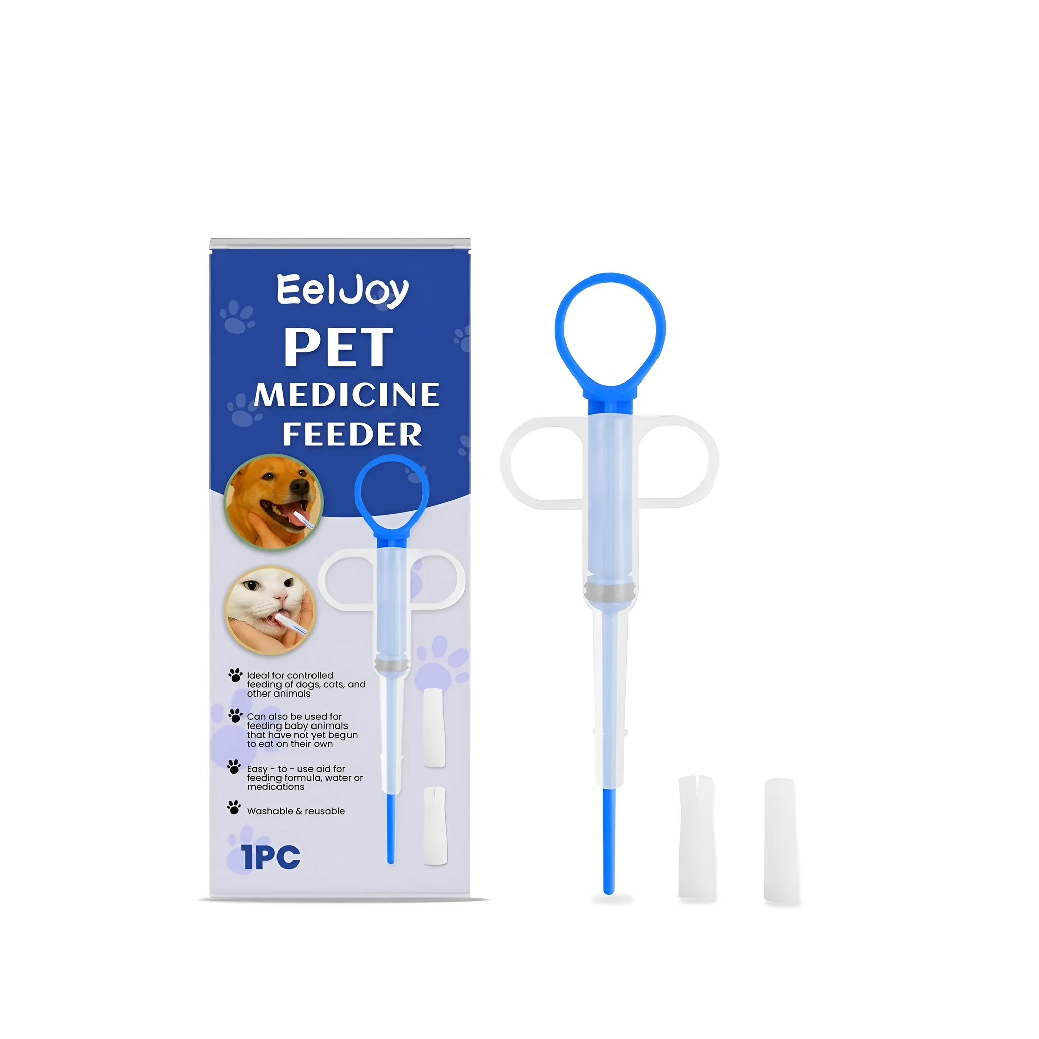 EELJOY pet medicine feeder with PP body and two silicone heads - split head and round head for dog and cat pill administration
