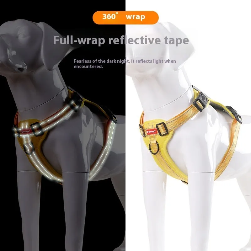 A polyester dog chest harness and matching leash set shown in a choice of colours.