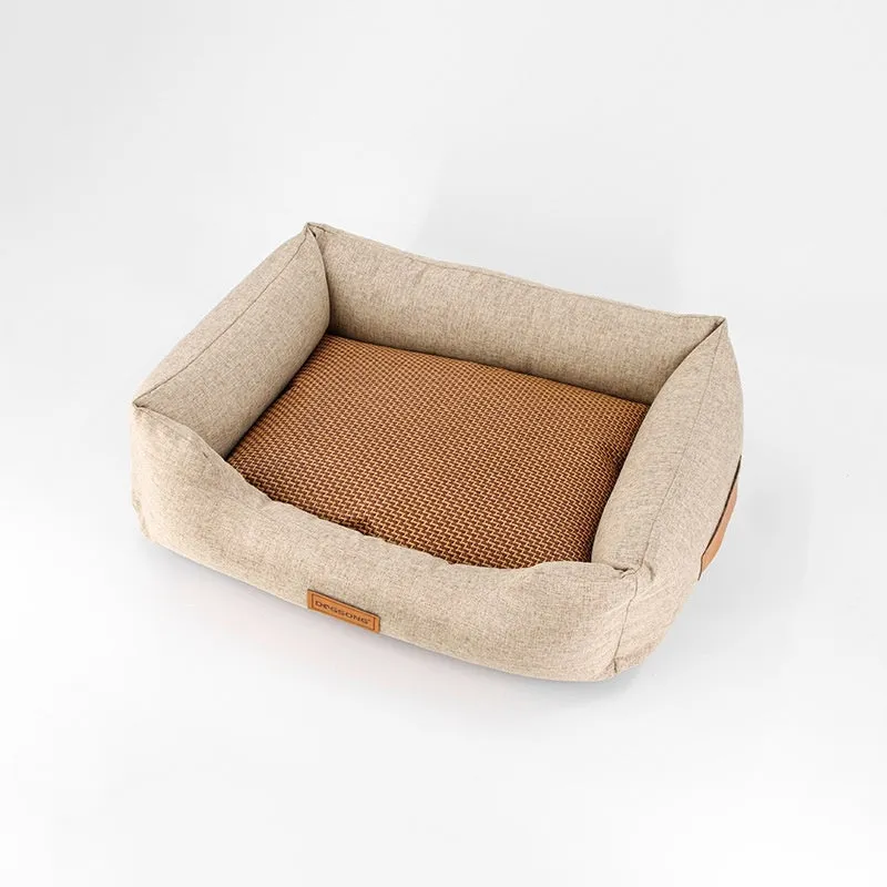Khaki cloth dog bed with summer sleeping mat in size L