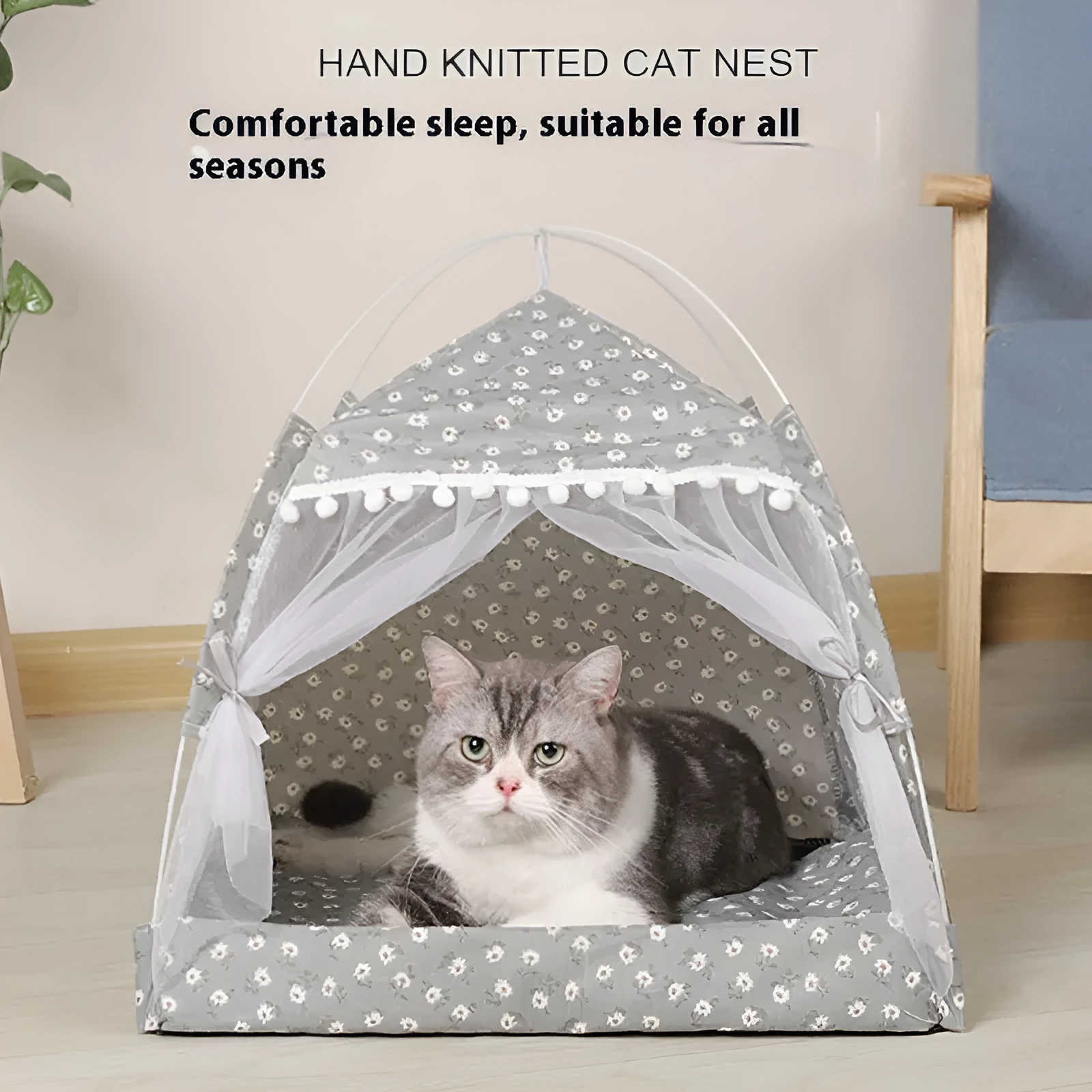 Foldable four-corner tent cat nest in dark green cloth with removable cover