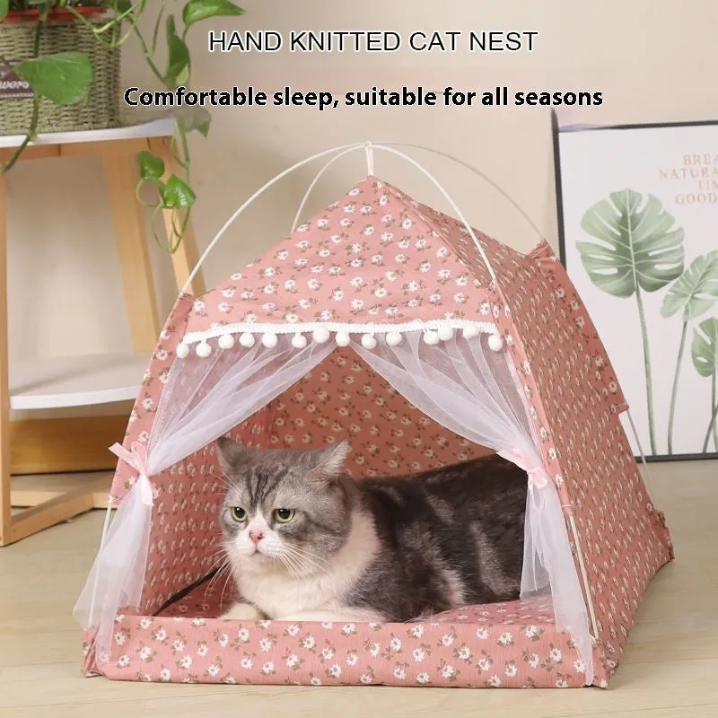 Foldable four-corner tent cat nest in dark green cloth with removable cover