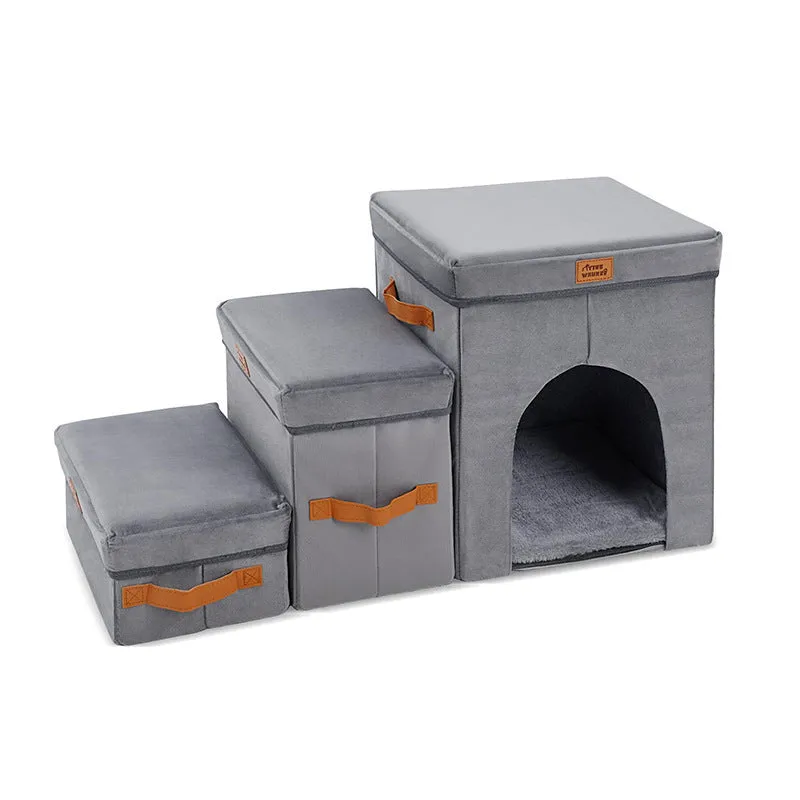 Foldable gray cloth pet storage stairs with two or three steps, placed next to a bed for dog access