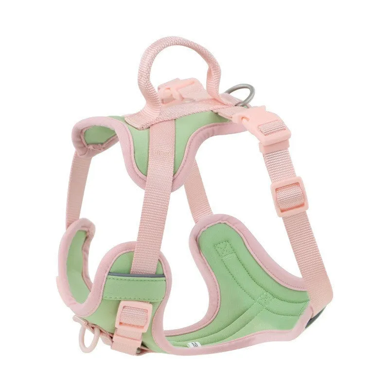 Fabric dog chest strap harness with hand-holding rope in pink and blue colour