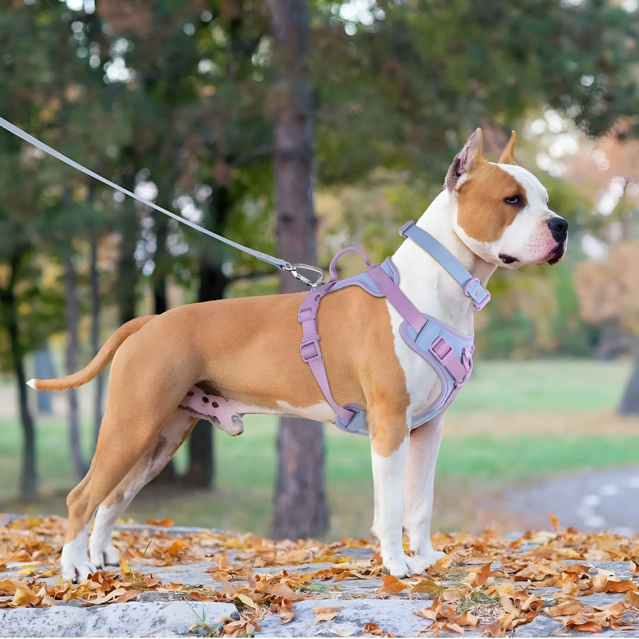 Fabric dog chest strap harness with hand-holding rope in pink and blue colour