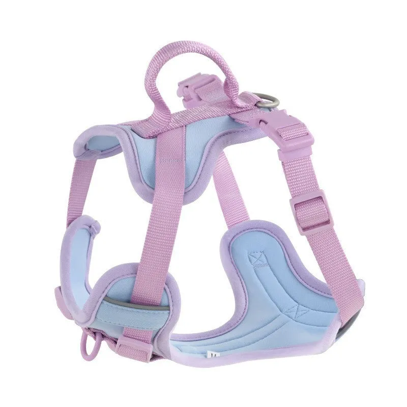 Fabric dog chest strap harness with hand-holding rope in pink and blue colour