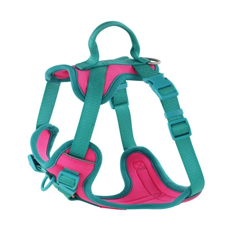 Fabric dog chest strap harness with hand-holding rope in pink and blue colour