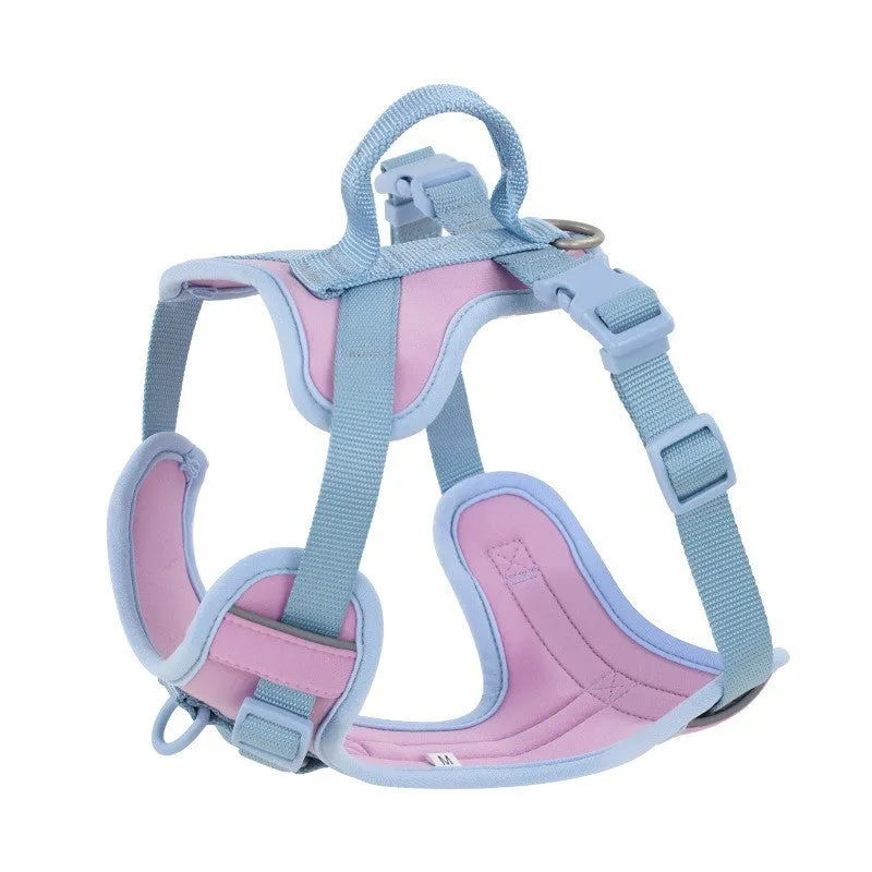 Fabric dog chest strap harness with hand-holding rope in pink and blue colour