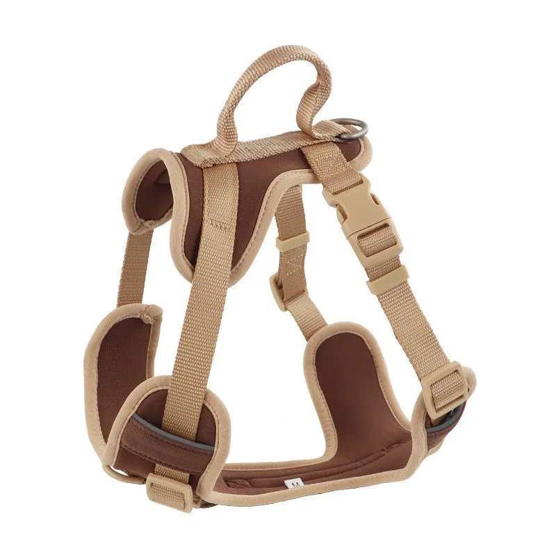 Fabric dog chest strap harness with hand-holding rope in pink and blue colour