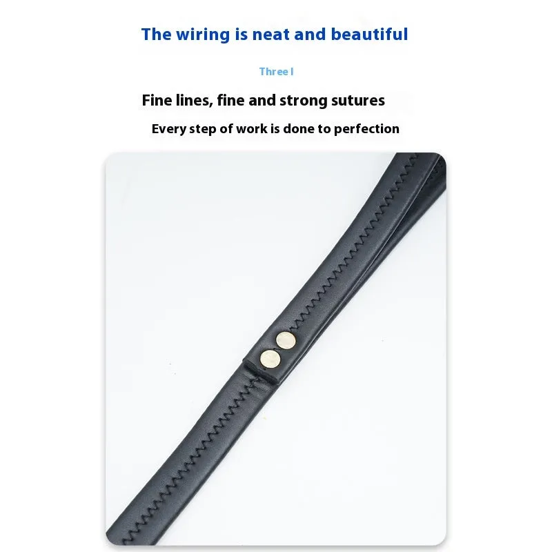 Black PU leather pet traction belt showing length and clip for dog walking