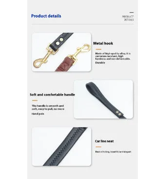 Black PU leather pet traction belt showing length and clip for dog walking