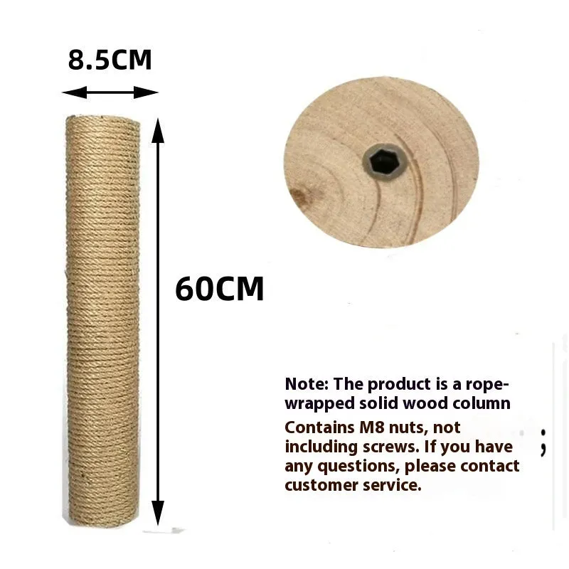 Cat climbing pillar made of solid wood wrapped with natural hemp rope in a simple style, available in various sizes