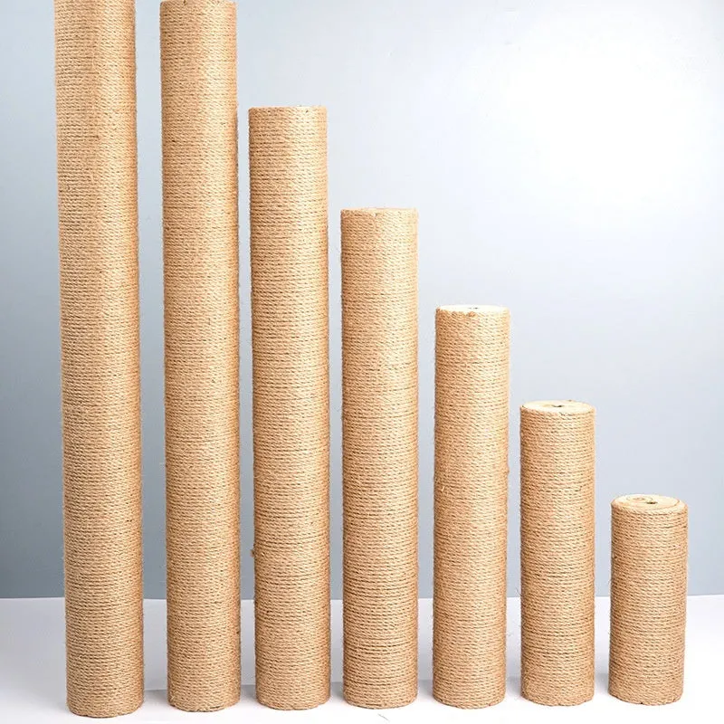 Cat climbing pillar made of solid wood wrapped with natural hemp rope in a simple style, available in various sizes