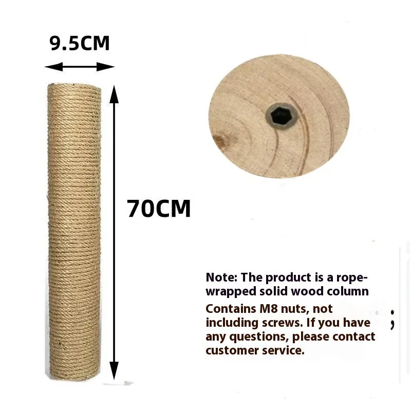 Cat climbing pillar made of solid wood wrapped with natural hemp rope in a simple style, available in various sizes