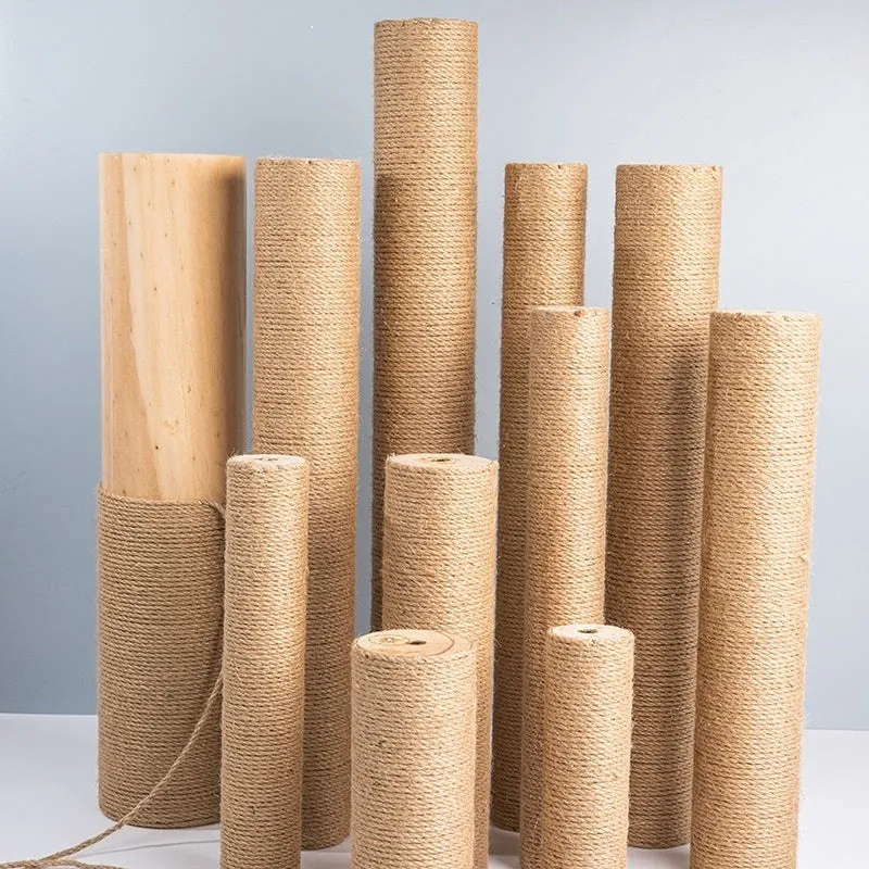 Cat climbing pillar made of solid wood wrapped with natural hemp rope in a simple style, available in various sizes