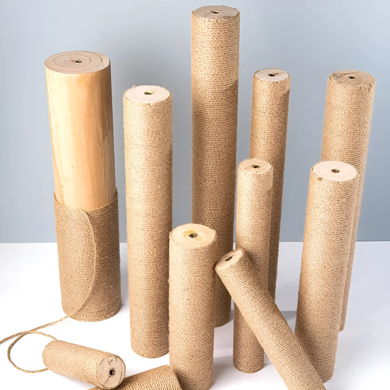 Cat climbing pillar made of solid wood wrapped with natural hemp rope in a simple style, available in various sizes