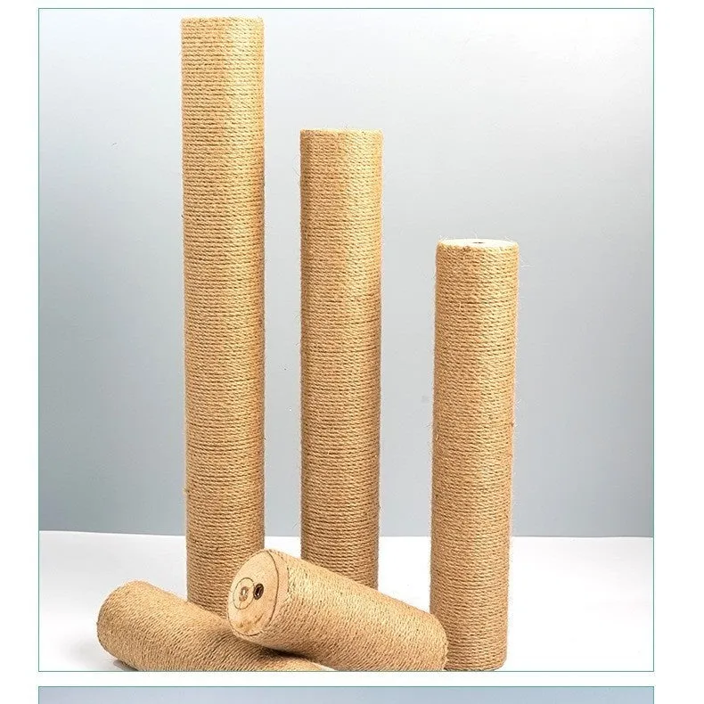 Cat climbing pillar made of solid wood wrapped with natural hemp rope in a simple style, available in various sizes