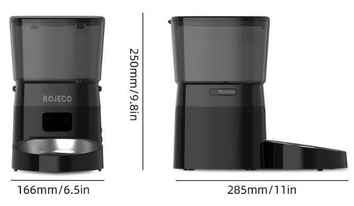 Black WIFI automatic pet feeder with stainless steel bowl and 2L hopper on countertop