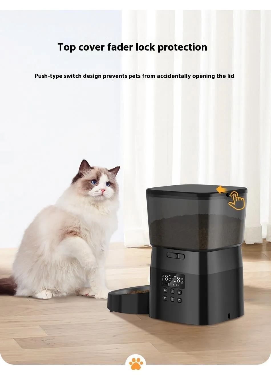 Black WIFI automatic pet feeder with stainless steel bowl and 2L hopper on countertop