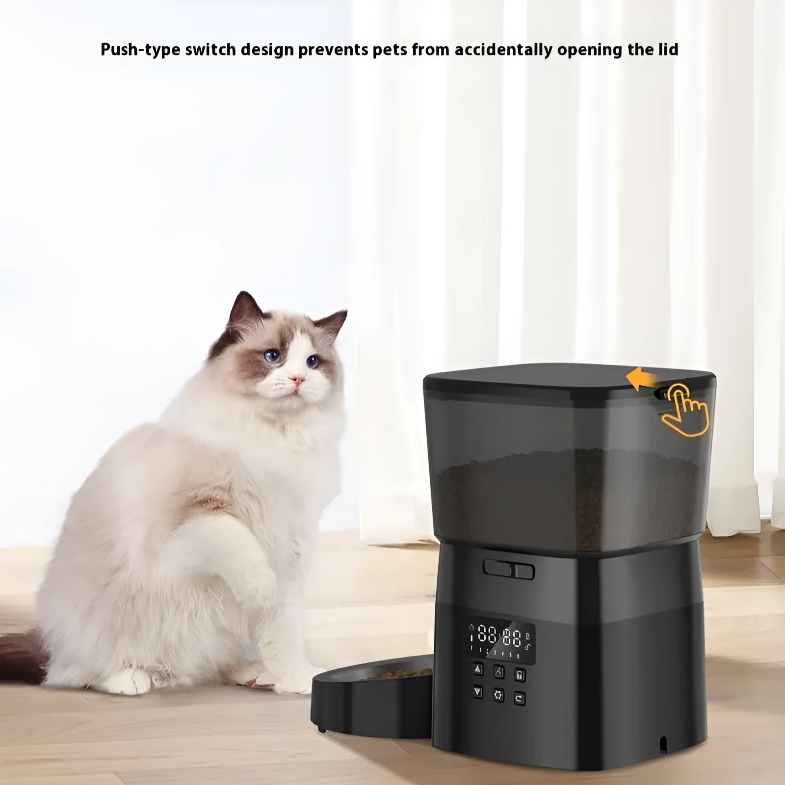 Black WIFI automatic pet feeder with stainless steel bowl and 2L hopper on countertop