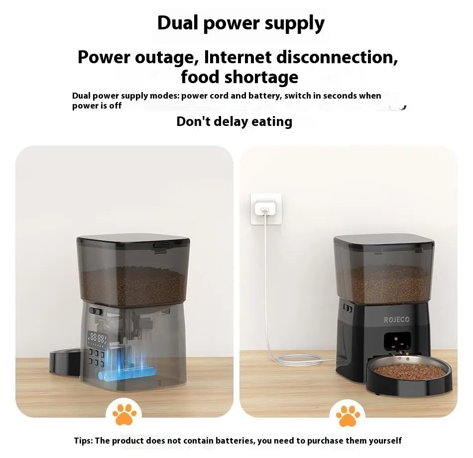 Black WIFI automatic pet feeder with stainless steel bowl and 2L hopper on countertop