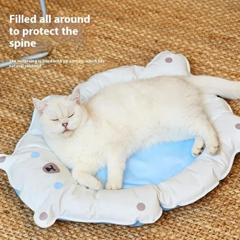 Plastic cat cooling mat 62x50x8cm in blue, used as a pet bed on a wire cage floor