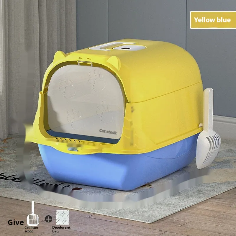 Oversized enclosed PP cat litter box in gray with door, for indoor use